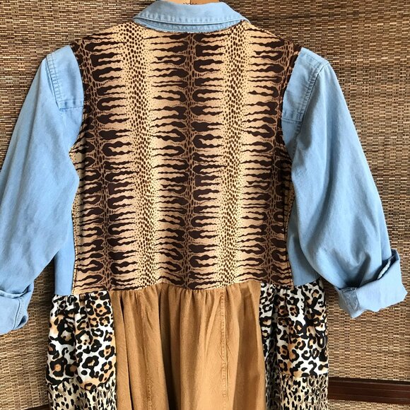 Patchwork Duster Jacket Dress, M: Upcycled Animal Print Button-Down Boho Kaftan - Picture 12 of 13